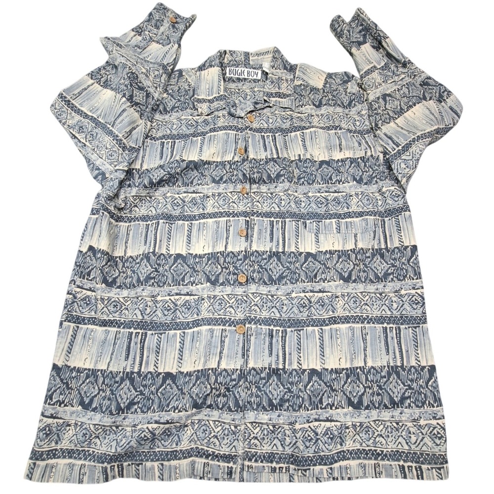 90s Bugle Boy Mens XL Blue Tribal Geometric Print Ramie Cotton Button Down Shirt